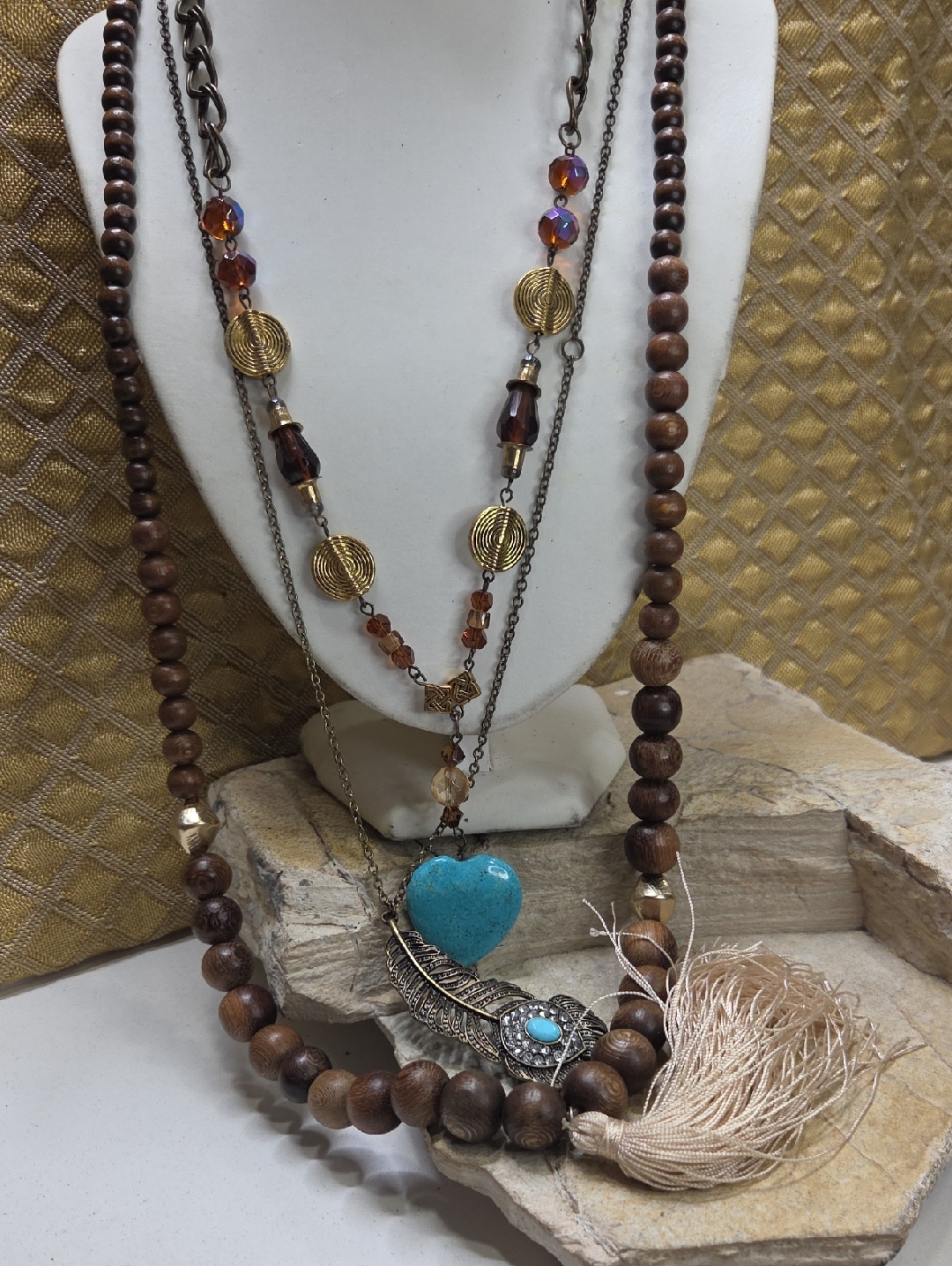 Boho Layered Turquoise Heart & Wood Stone Bead Necklace Set - Unbranded
